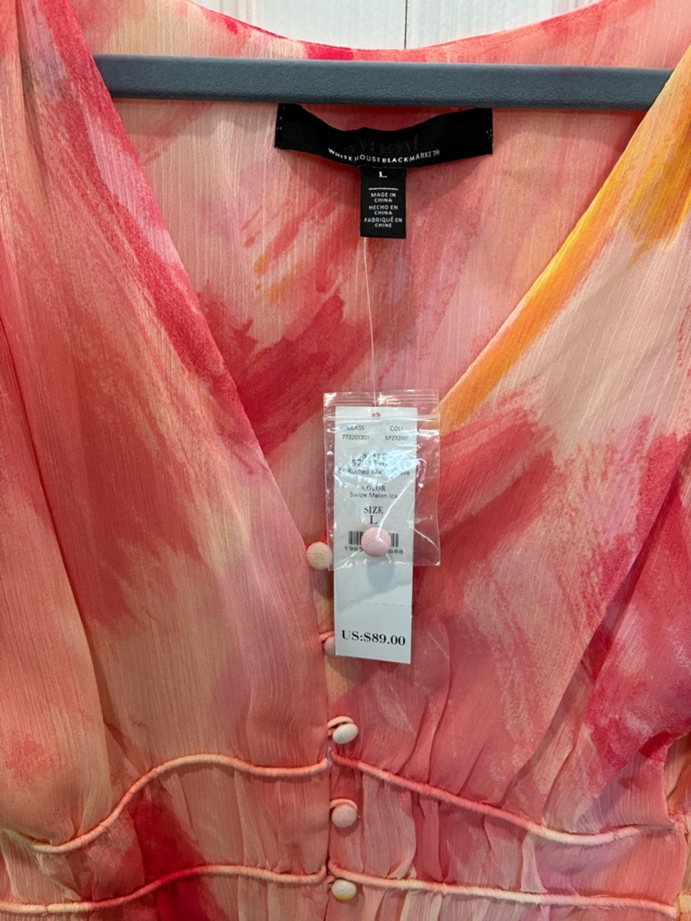 White House Black Market Pink & Yellow Watercolor V-Neck Peplum Blouse - Picture 6 of 6